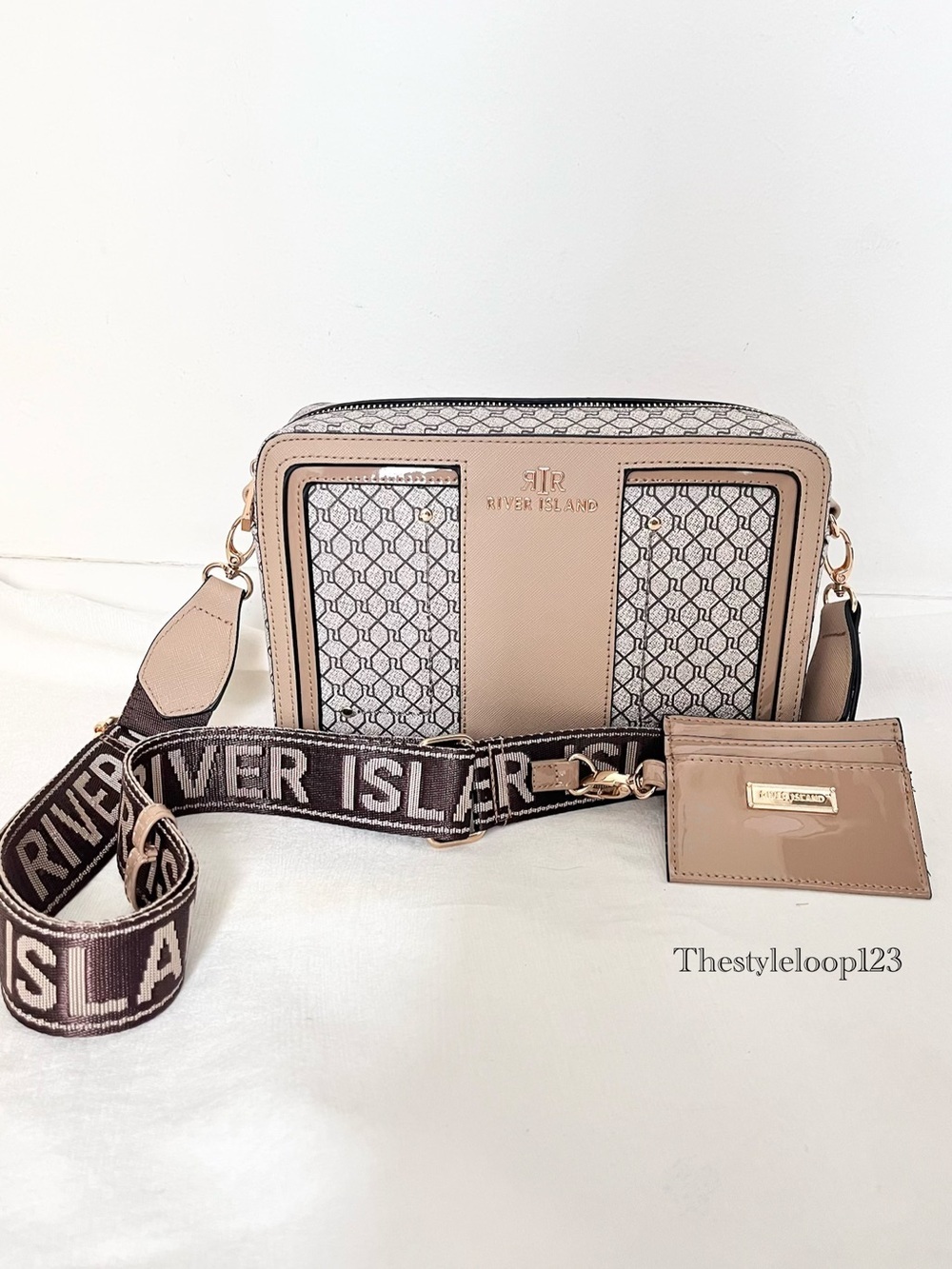 River Island RI Monogram boxy beige crossbody bag with glossy card holder